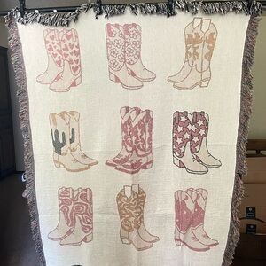 Pink Cowgirl Boots Woven Blanket Neutral Home Decor